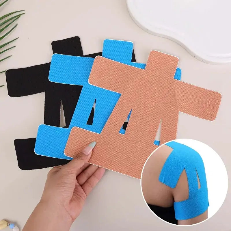 Simples Market kinesiology tape precut shoulder patches; waterproof, breathable, blue/black/skin tones for pain support