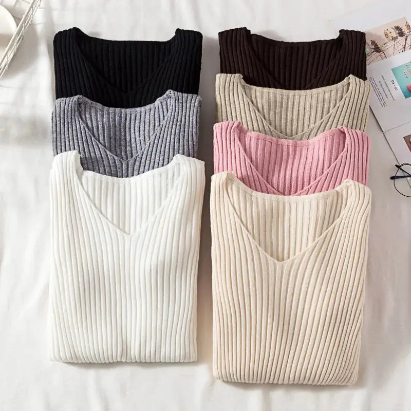 CozyWear Autumn Winter Women Knit V Neck Pullover Sweater Cotton Polyester Blend With High Stretch