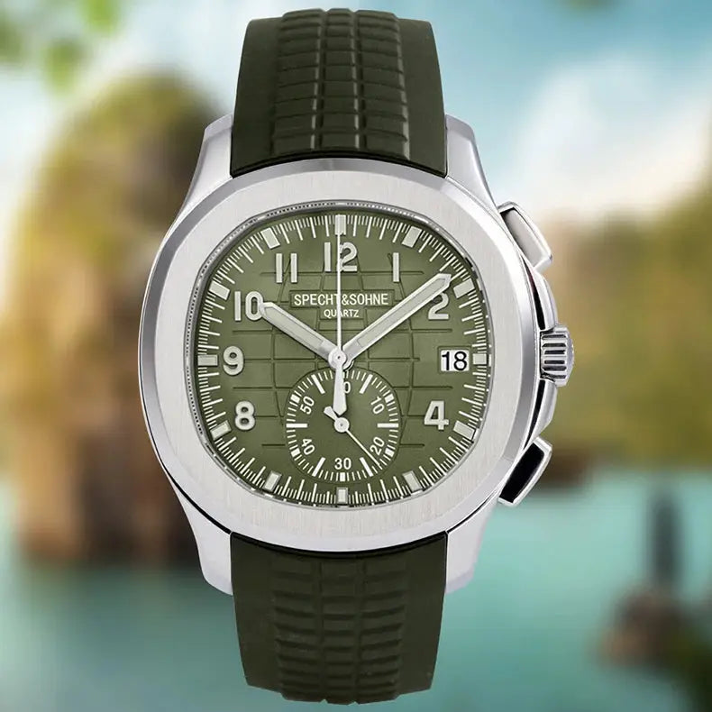 Specht & Söhne men's watch, olive green dial, stainless steel case, green rubber strap