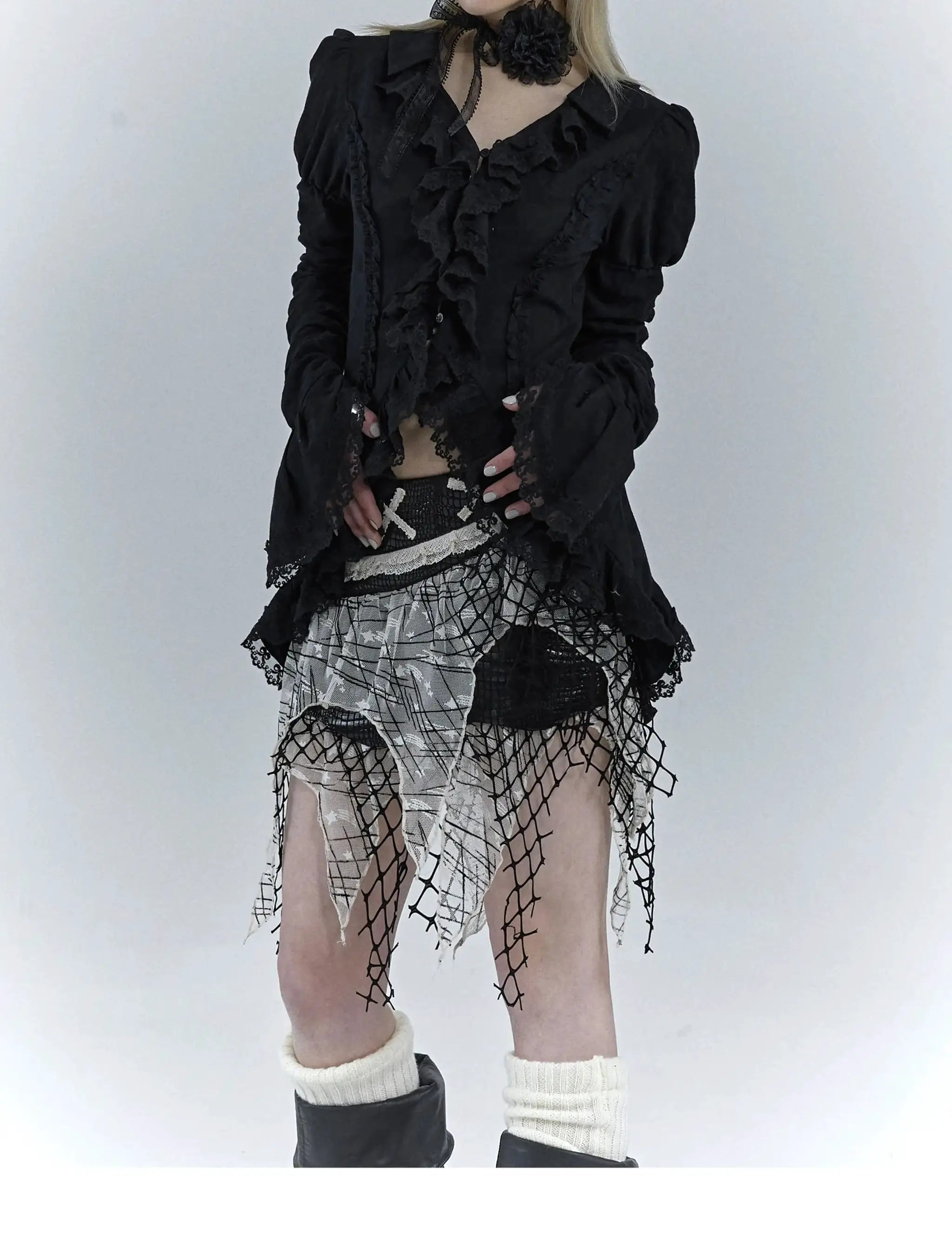 Karrcat Gothic black lace shirt with ruffle front and flare sleeves, Simples Market