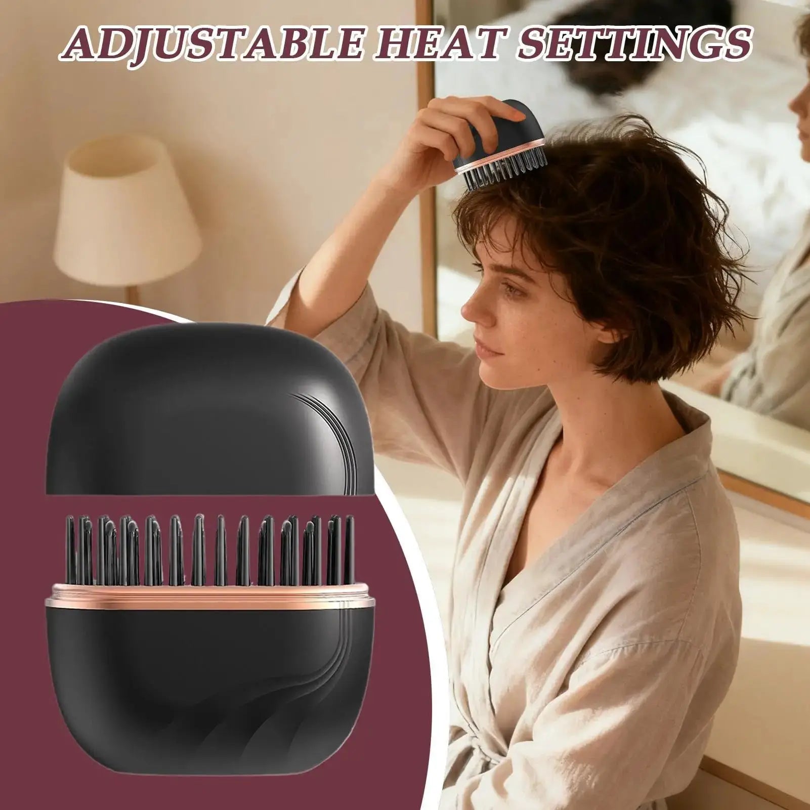 Simples Market mini cordless hair straightener brush; black with rose-gold trim, USB rechargeable