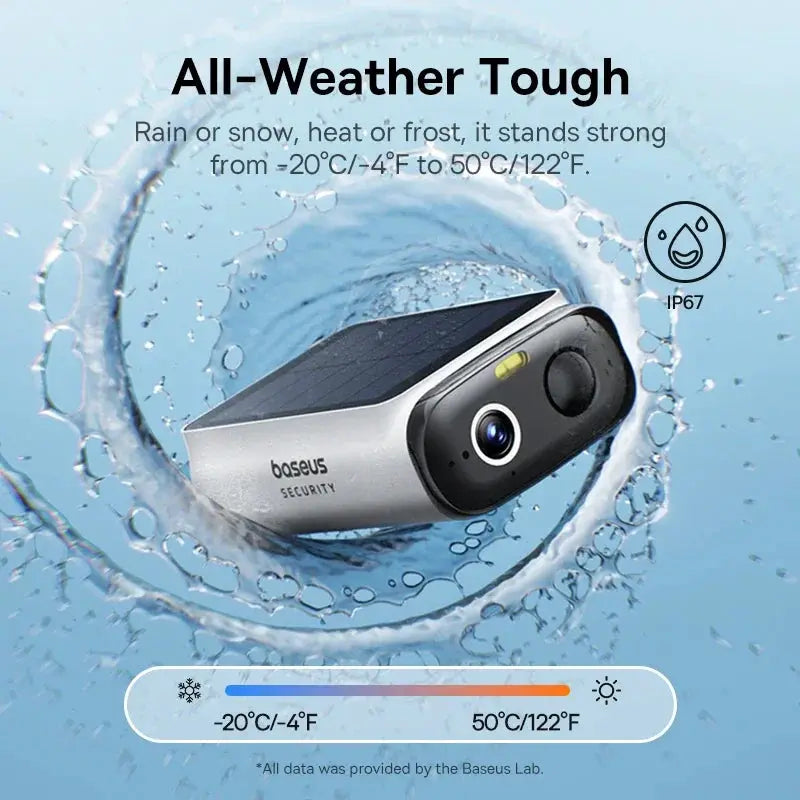 Baseus S1 Lite solar wireless outdoor security camera, 2K resolution, IP67 weatherproof.