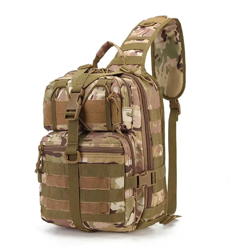 Tactical military sling bag in camouflage with MOLLE webbing, compact crossbody daypack