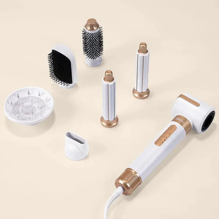 Simples Market 7-in-1 hair dryer brush; white and rose-gold with diffuser and multiple attachments