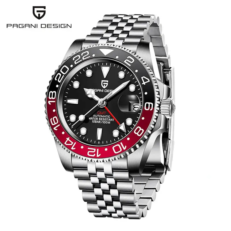 Pagani Design 40mm automatic GMT stainless steel men's wristwatch, black dial with red/black bezel