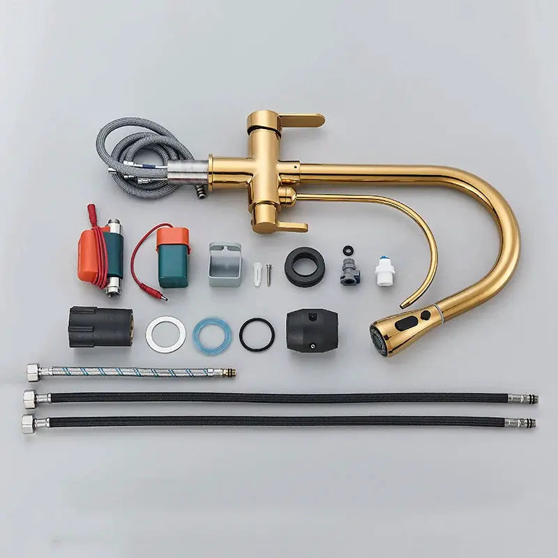 Onyzpily gold pull-out kitchen faucet, deck-mounted dual-handle with hoses and fittings by Simples Market