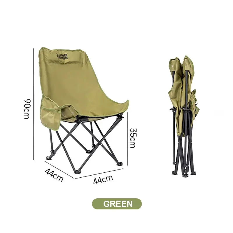 Green outdoor folding moon chair by Simples Market; portable camping chair with metal frame, folds compactly.