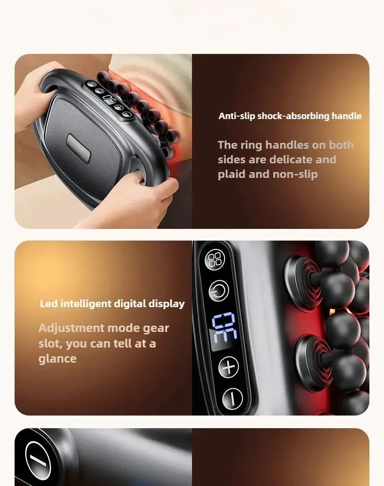 32-head massage gun in black with LED display and anti-slip handle, cordless deep-tissue massager
