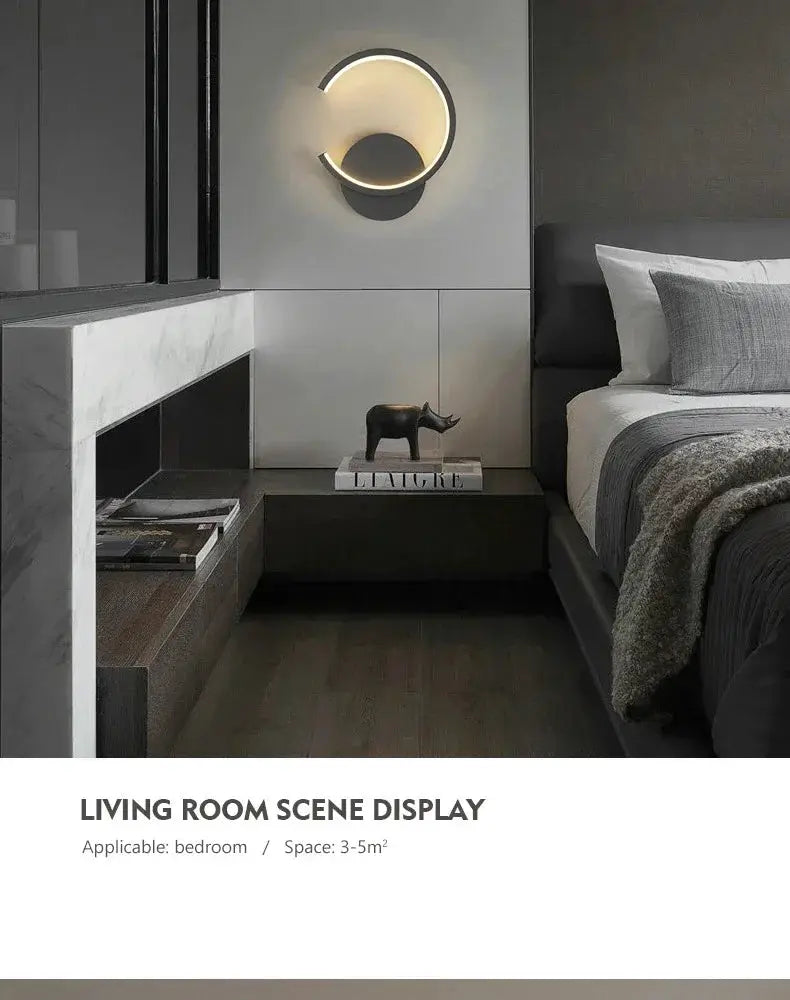 LED wall lamp, Nordic black and white design with a gold-accent circular ring, wall-mounted for living room or bedroom