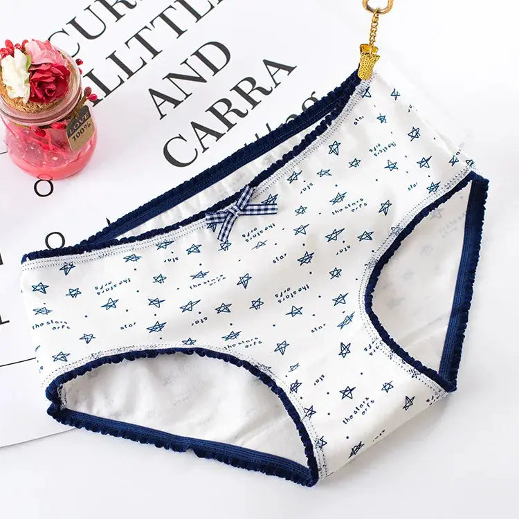 Simples Market cotton seamless women's underwear, white with blue star print and navy trim, bow detail