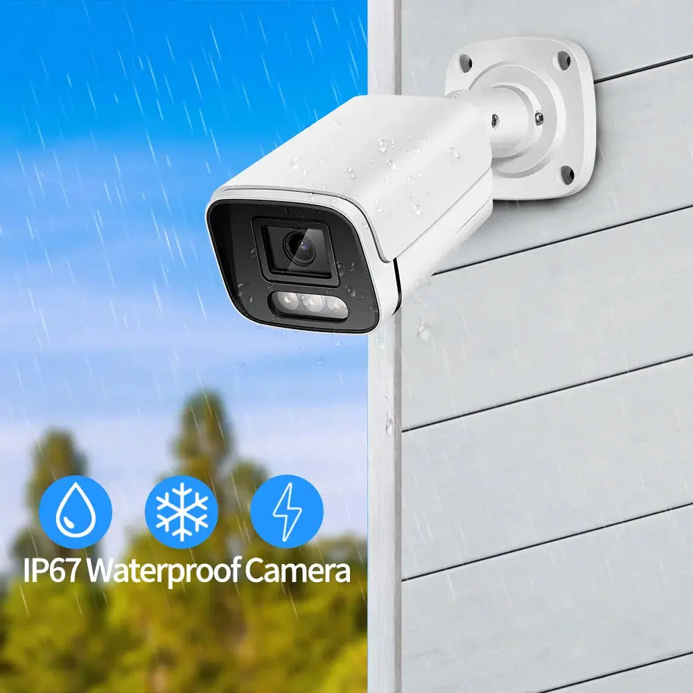 Outdoor white bullet security camera mounted on a wall with IP67 waterproof rating