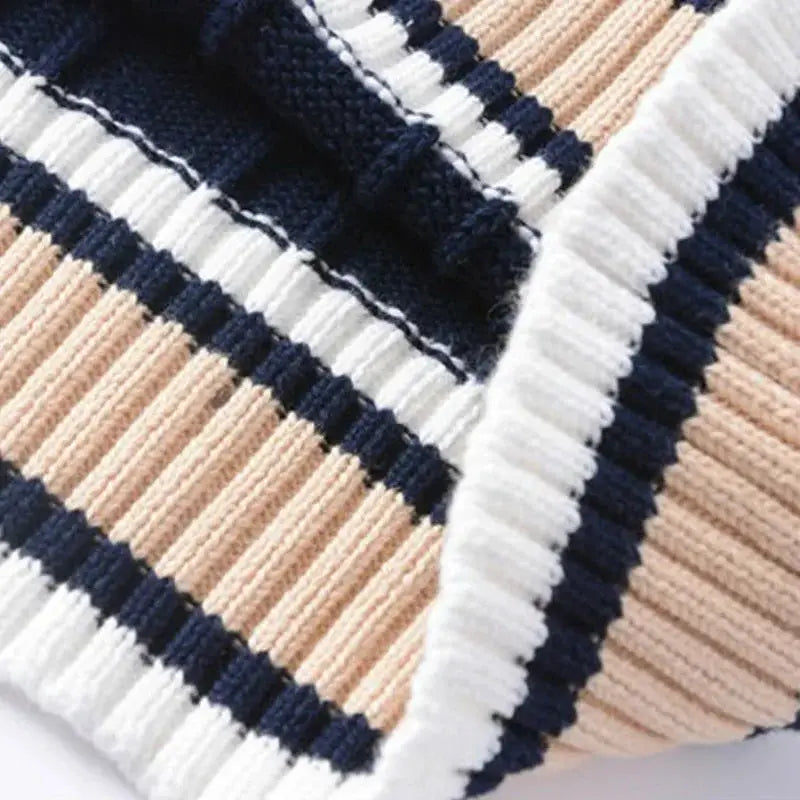Men's striped thick-knit sweater vest with V-neck in navy, beige, peach and white