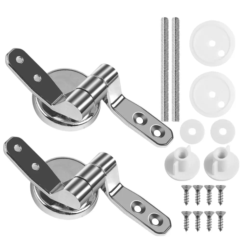 Two chrome O-shaped toilet seat hinges with mounting screws, washers and white spacers