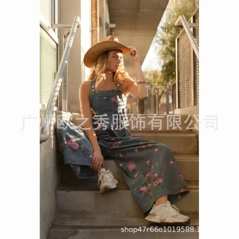 Denim blue floral print sleeveless jumpsuit for women with loose overalls and pockets
