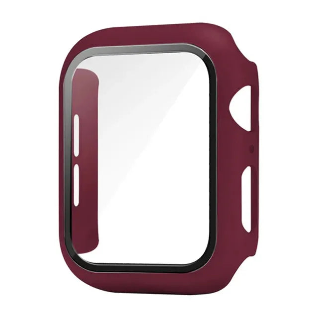 Simples Market burgundy Apple Watch protective case with clear glass screen protector for 40–46mm models.