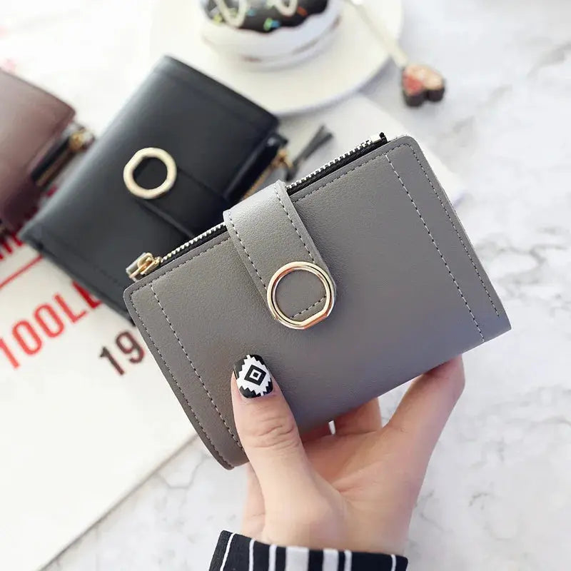 Women’s gray PU zipper wallet with circular ring strap (2-pack)