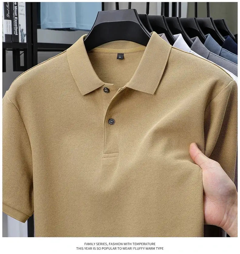 Simples Market men's 100% cotton polo shirt in tan beige; breathable, silk-like finish on display with other colors