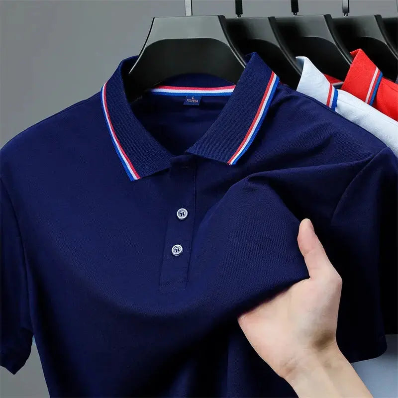 Men's polo shirts set; four solid-color short-sleeve polos with striped collars, navy, by Simples Market.