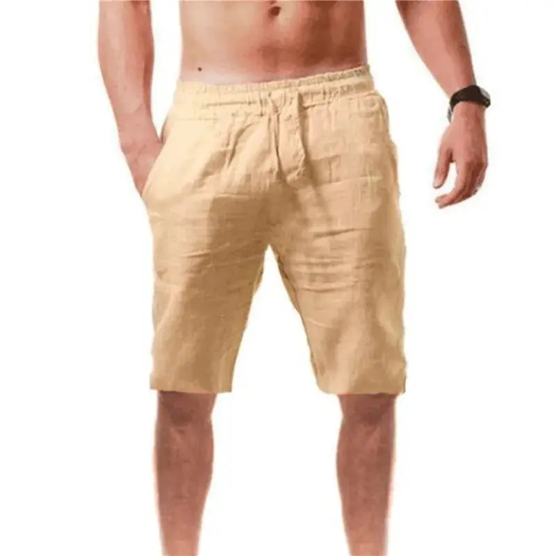 Men's beige breathable cotton shorts, knee-length with elastic waistband for casual fitness streetwear