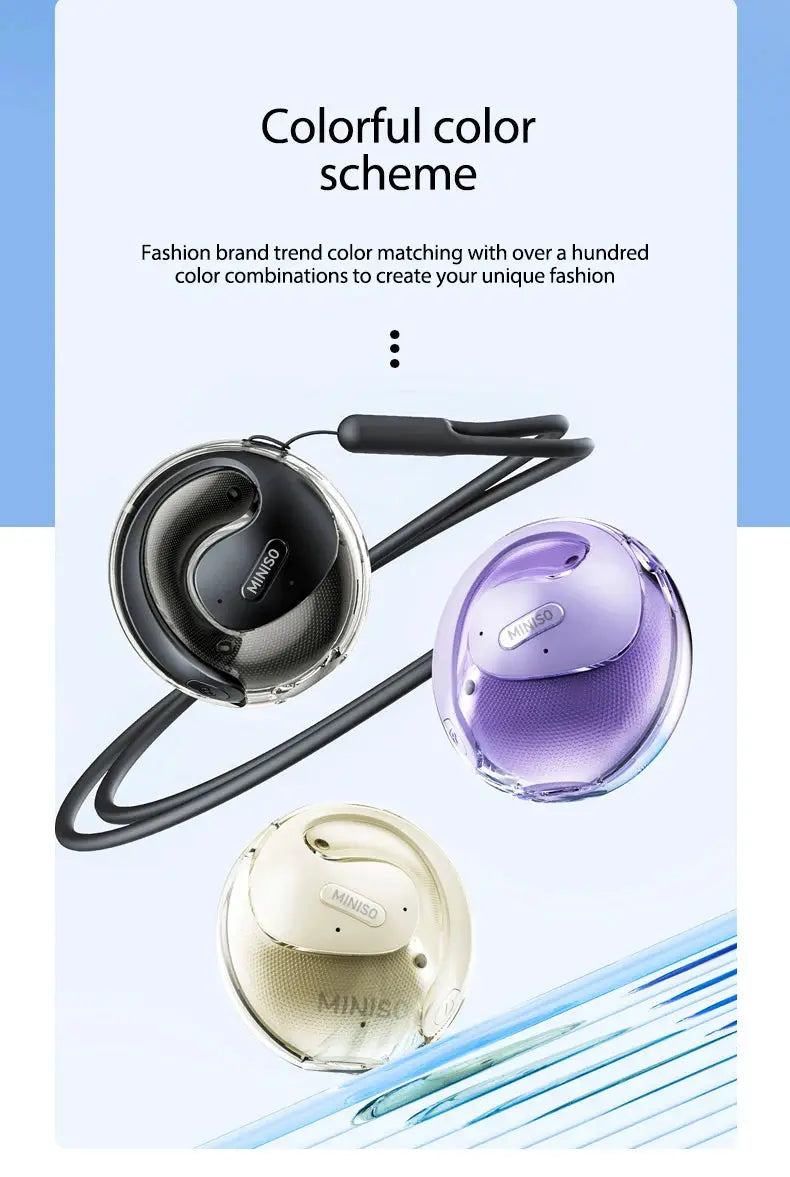 MINISO X15Pro Bluetooth translation headset; three earphones in black, purple, champagne.