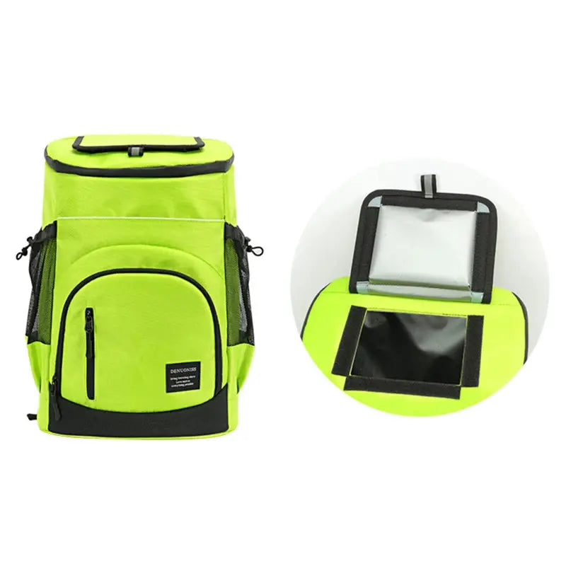 Insulated cooler backpack by Simples Market, neon green with black base, 30L capacity