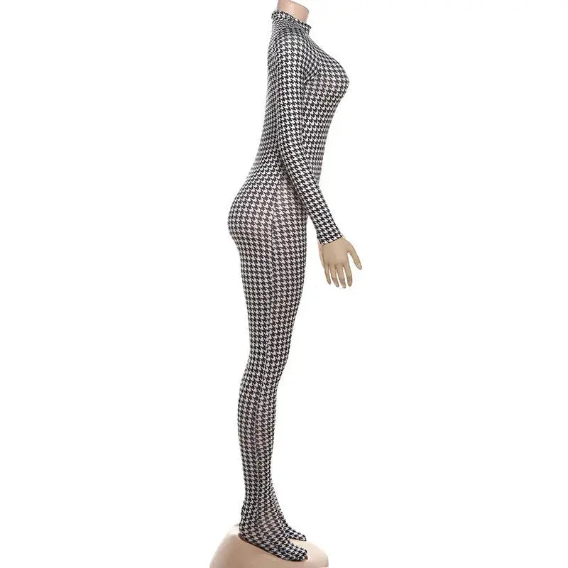 Shestyle plaid bodycon jumpsuit for women, black-and-white houndstooth, turtleneck, long sleeves Simples Market
