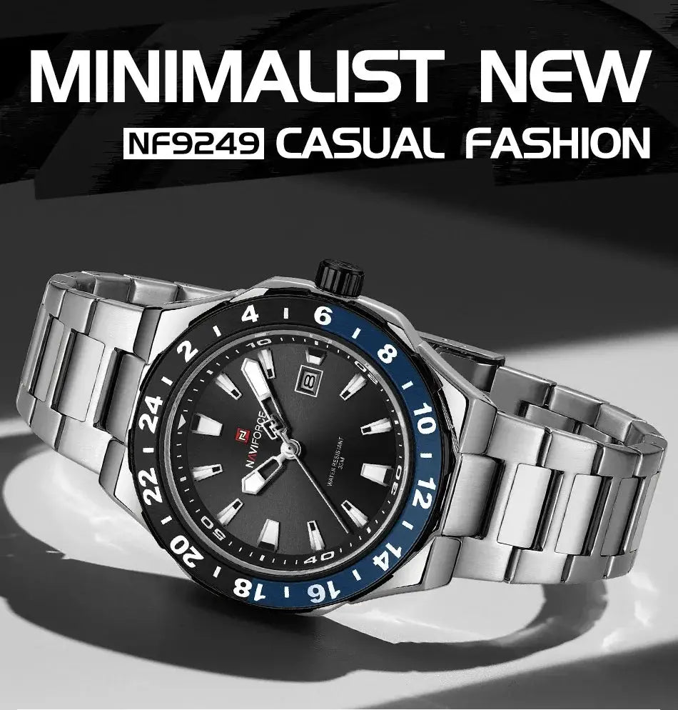 NAVIFORCE luxury sports quartz watch with stainless steel bracelet, blue-black bezel, date window, luminous markers