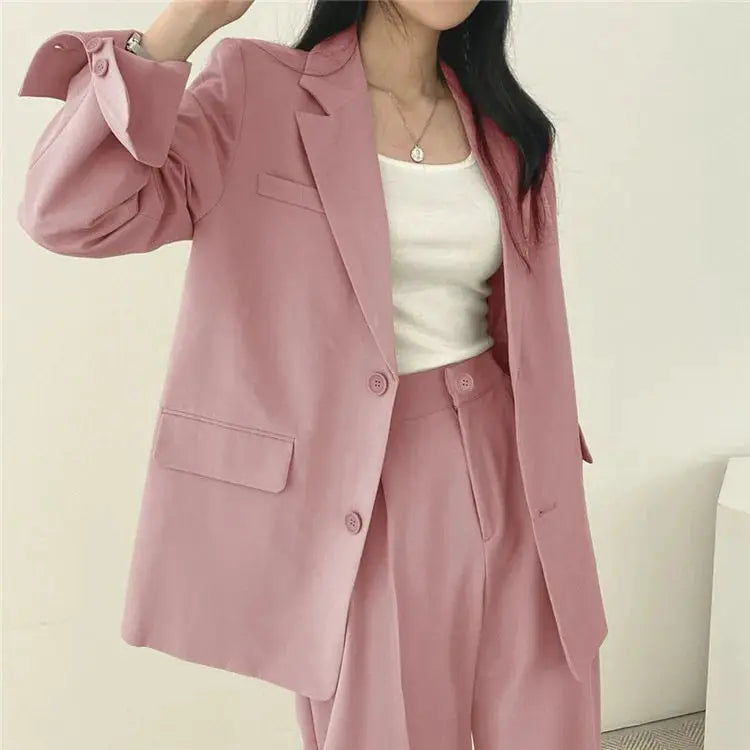 Simples Market pink 2-piece blazer and pants set for women, long-sleeve blazer with matching trousers.