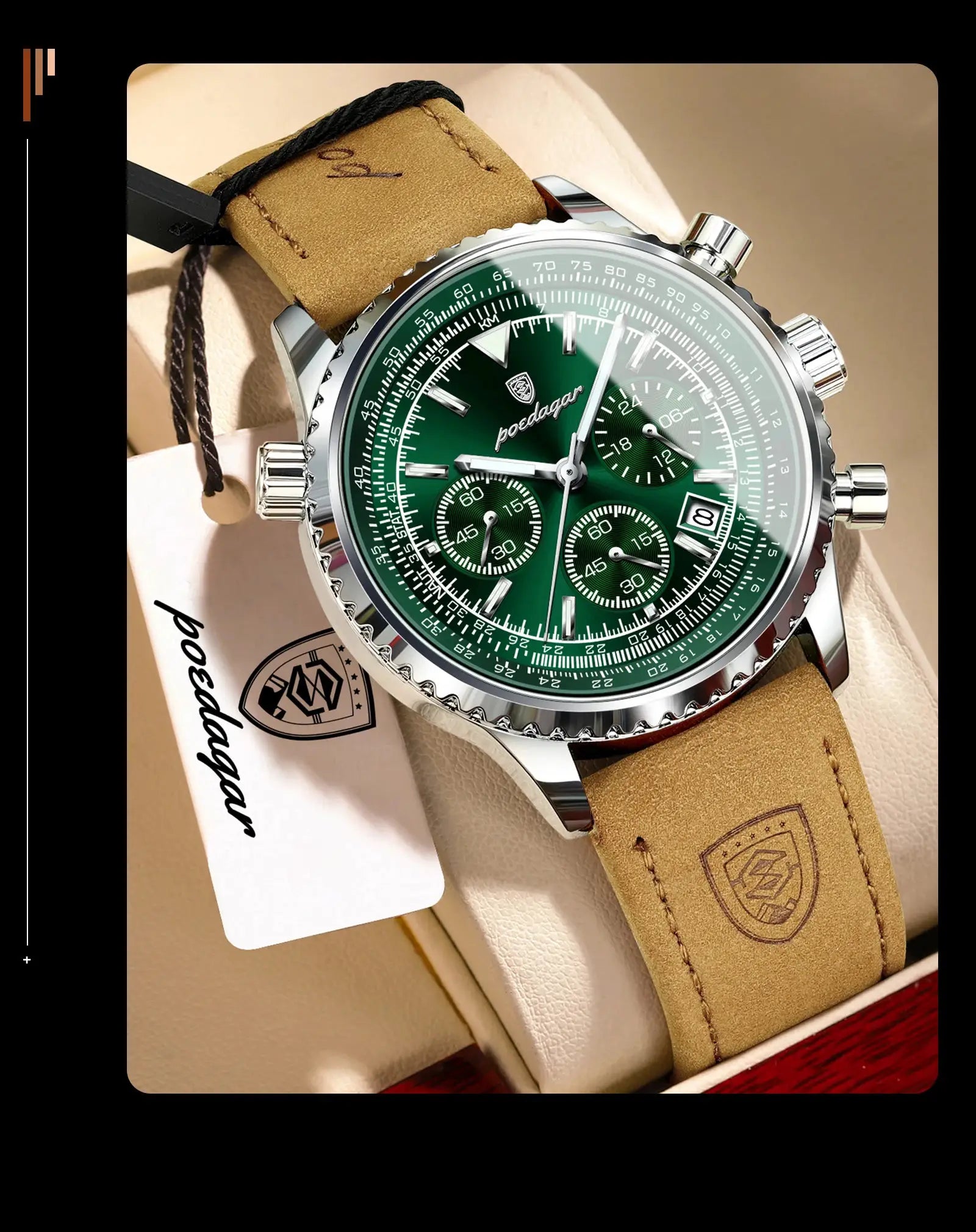 POEDAGAR men's wristwatch with green chronograph dial and tan leather strap.
