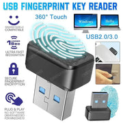 USB fingerprint key reader; black biometric USB scanner, Windows Hello compatible.
