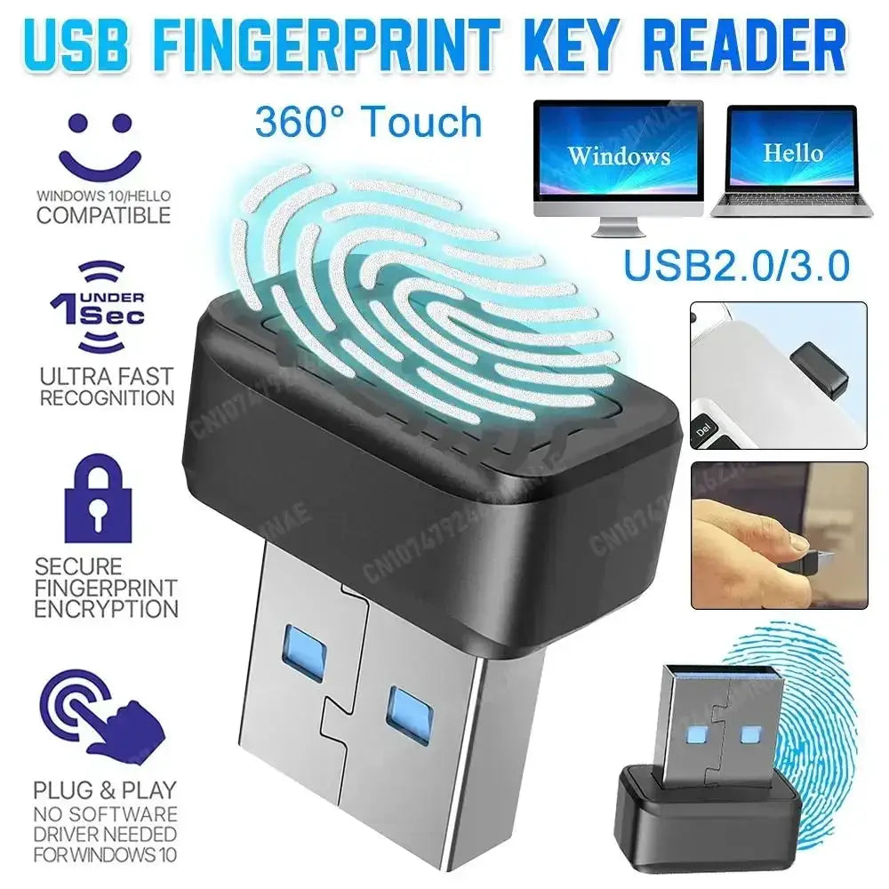 USB fingerprint key reader; black biometric USB scanner, Windows Hello compatible.