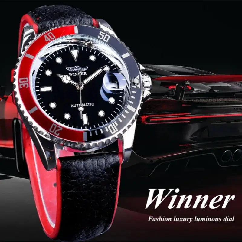 Winner 002 Automatic Mechanical Wristwatch Luminous Hands And Date Display Stainless Steel And Leather Strap For Men