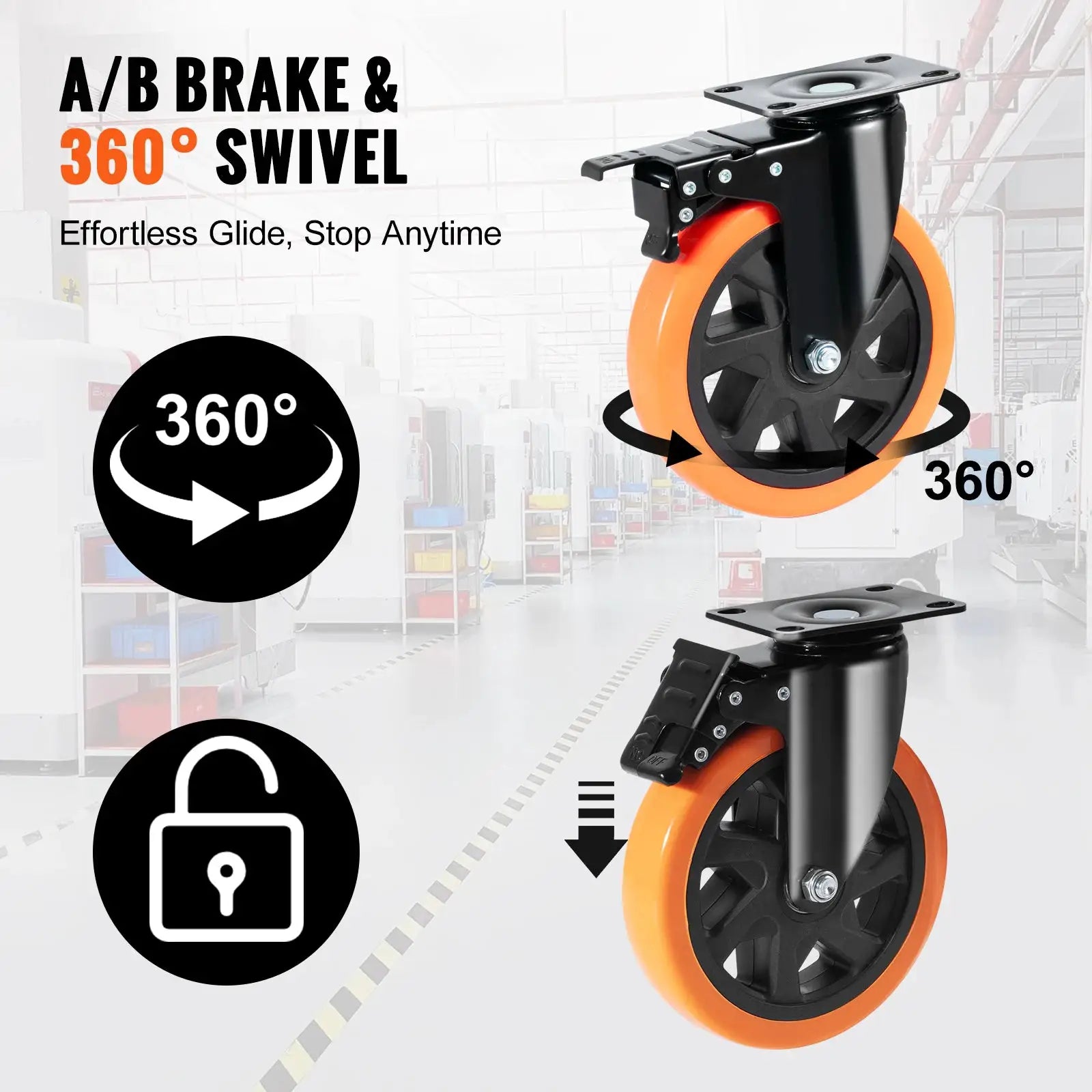 SucceBuy 2 to 6 Inch PVC Caster Wheels Set of 4 Swivel Plate Casters with AB Lock Non-Marking for Carts and Workbenches