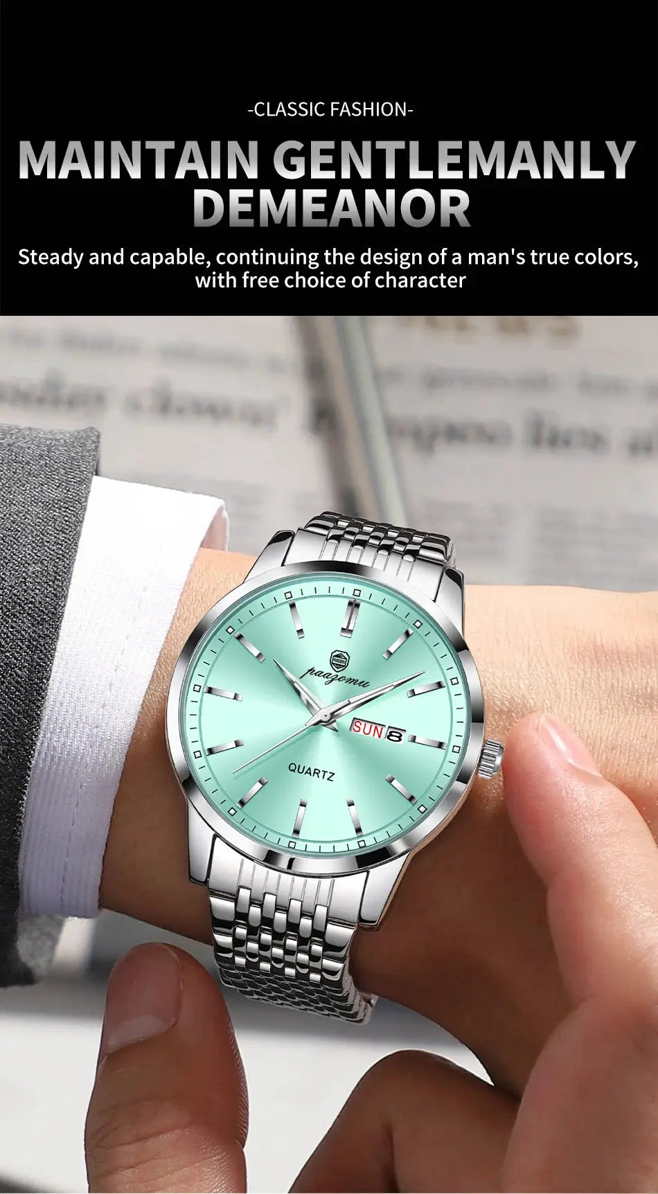 PAAZOMU men's luxury stainless steel watch with mint dial and day-date window.