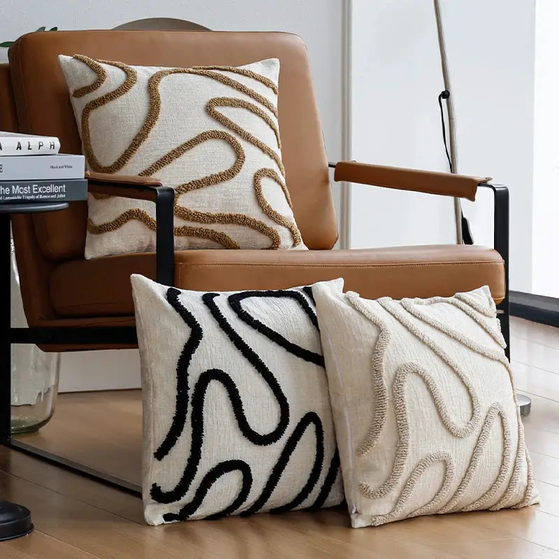 Simples Market boho chenille throw pillow covers, set of 3, 45x45, beige, cream and black geometric lines