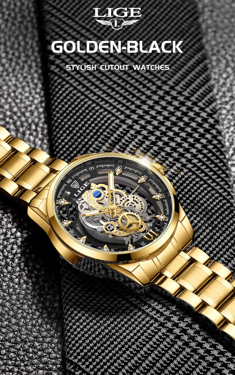 Original LIGE gold stainless steel hollow-skeleton men's watch with exposed gears