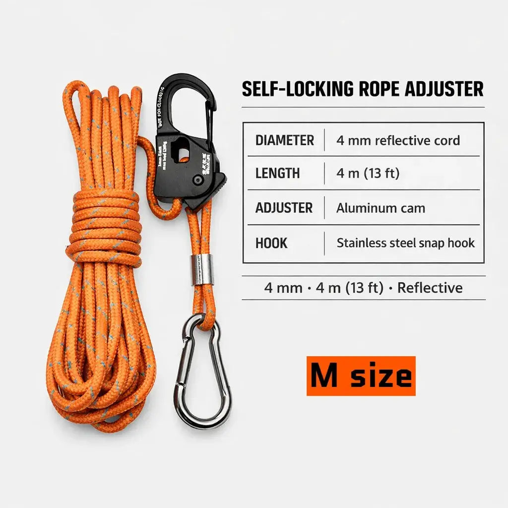 Aluminum rope tensioner by Simples Market with stainless steel snap hook and orange 4mm reflective cord, M size