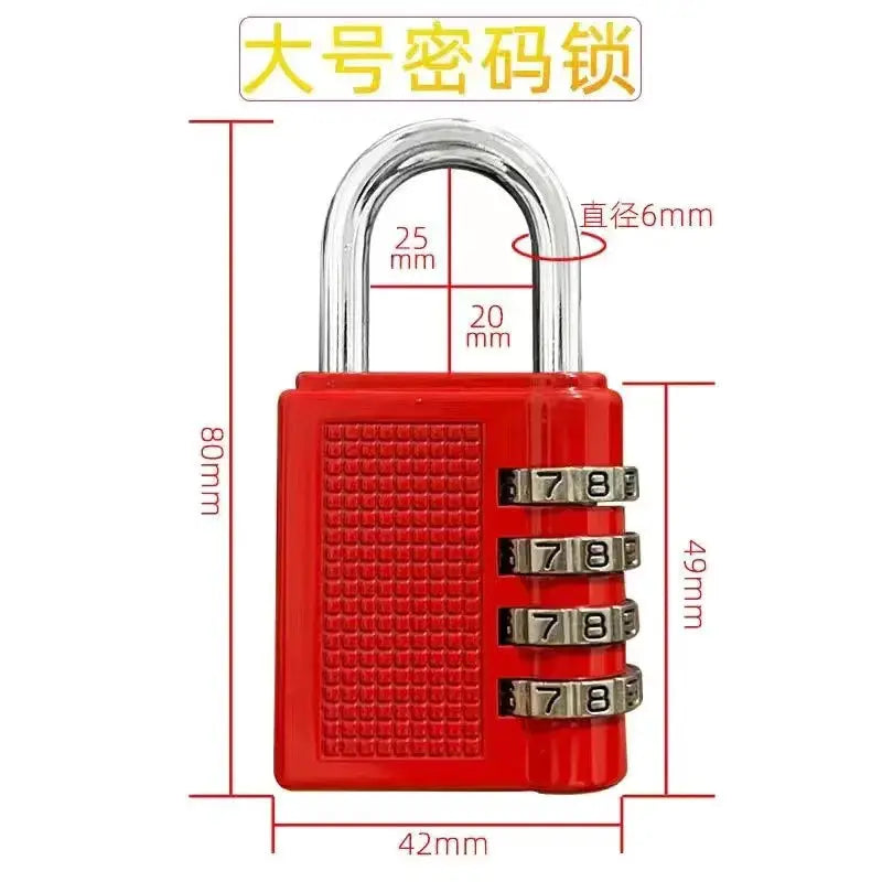 4-digit zinc alloy padlock in red with four silver dials and U-shaped shackle for luggage security