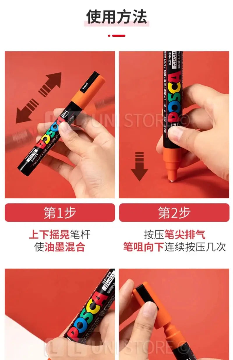 Uni Posca paint marker pen set of 3 (PC-1M PC-3M PC-5M) in original vinyl case; multicolor, water-based pigment ink