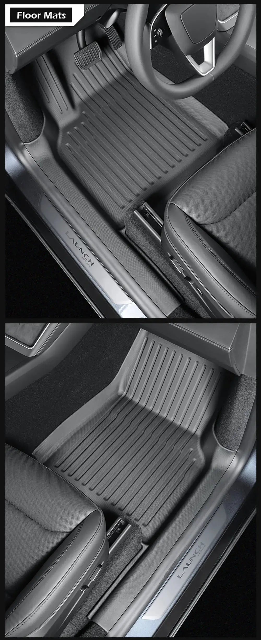 Floor mats with door-sill protection for Tesla Model Y Juniper interior; Simples Market, black all-weather rubber liner