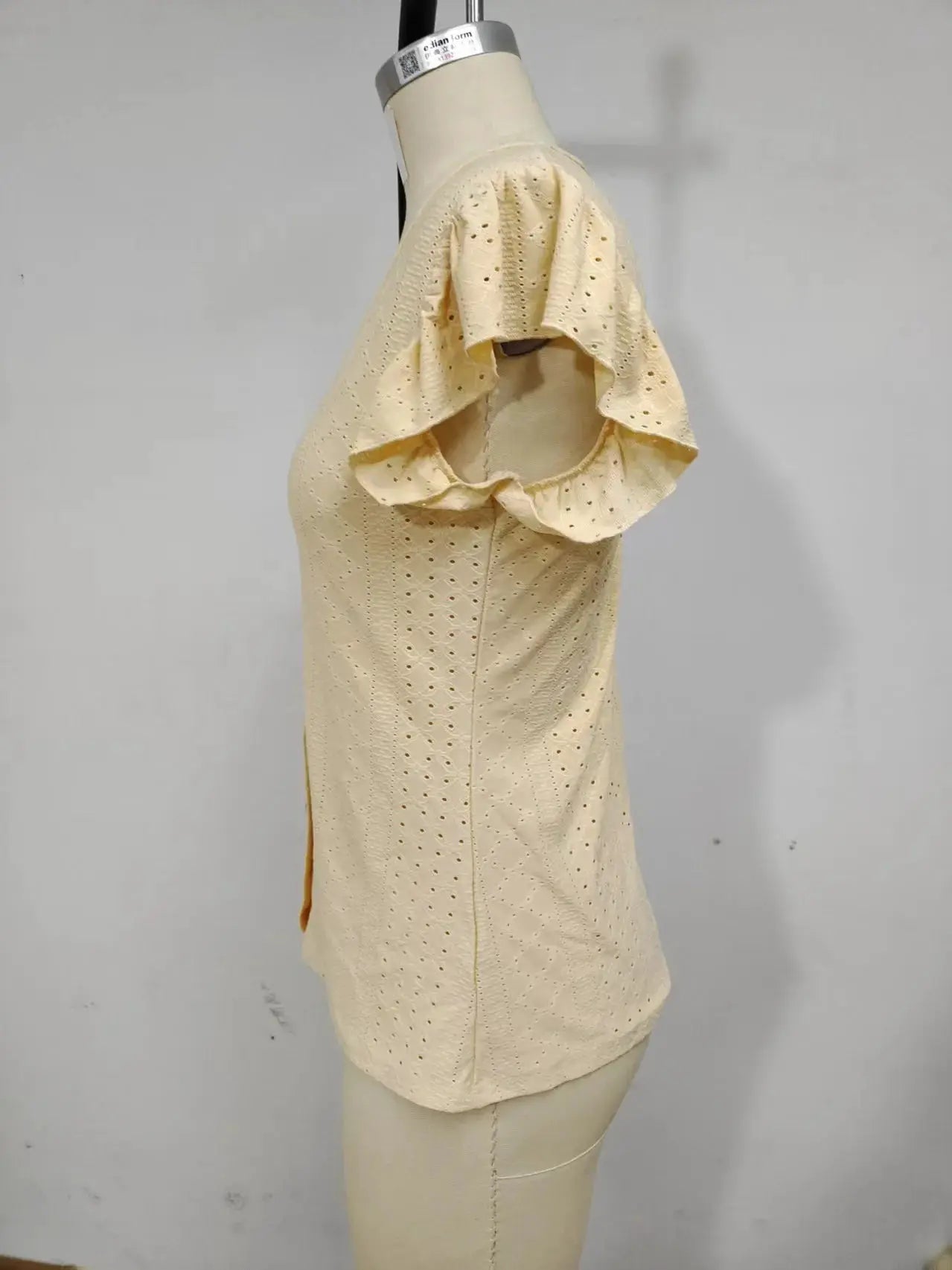 Beige eyelet top with puff short sleeves and ruffled edge, casual summer blouse