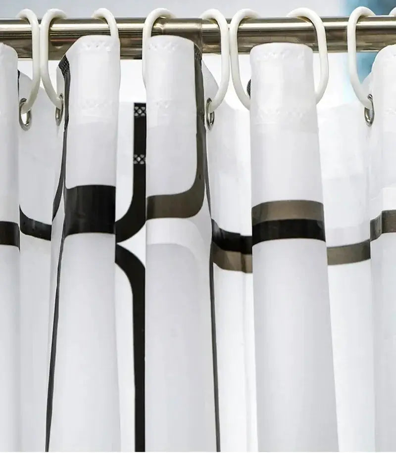 Shower curtains with hooks, white and gray pattern, waterproof PE/EVA fabric by Simples Market.