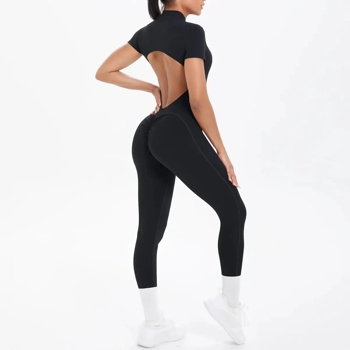 Simples Market women's backless black fitness jumpsuit; short sleeves, scrunch design, one-piece gym yoga suit