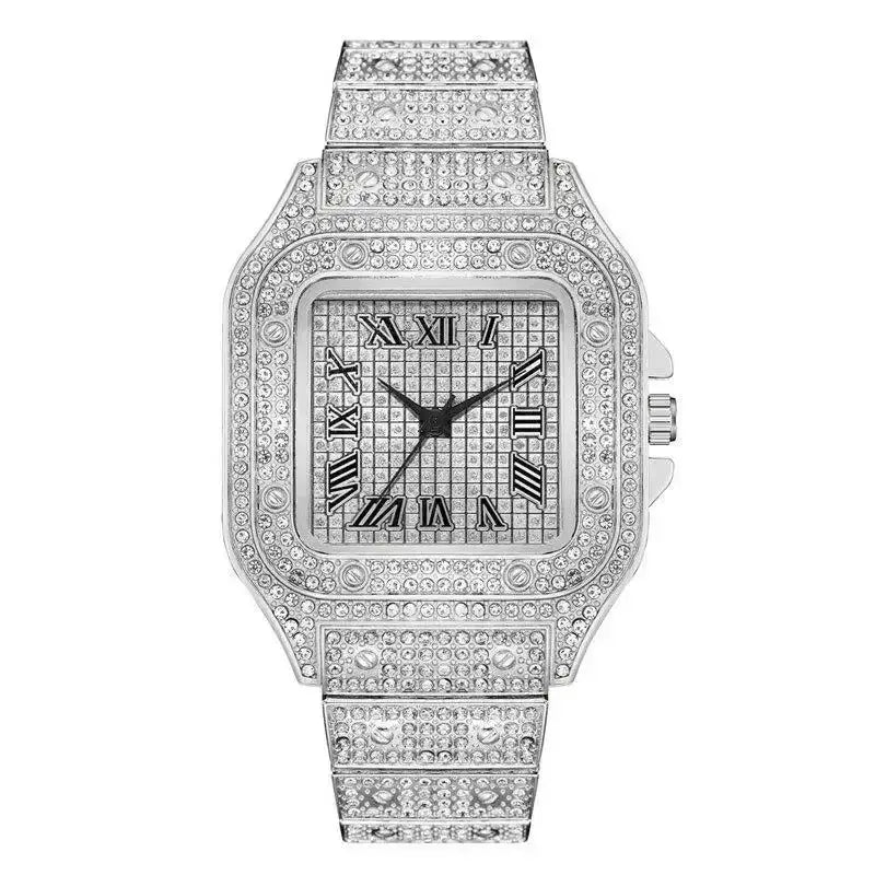 Silver-tone rhinestone watch with square face and Roman numerals