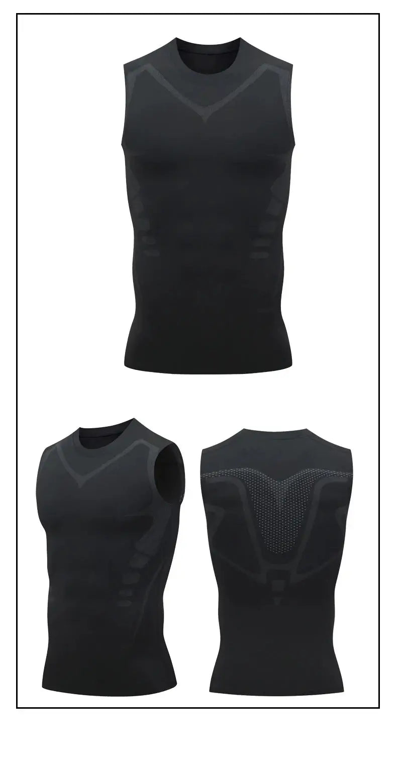 Compression tank top for men by Simples Market, black sleeveless gym shirt with gray printed panels.
