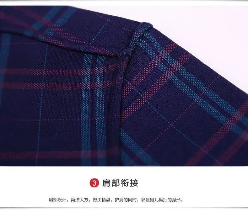 Simples Market plaid shirt, navy blue with red and teal plaid pattern, long-sleeve casual dress shirt