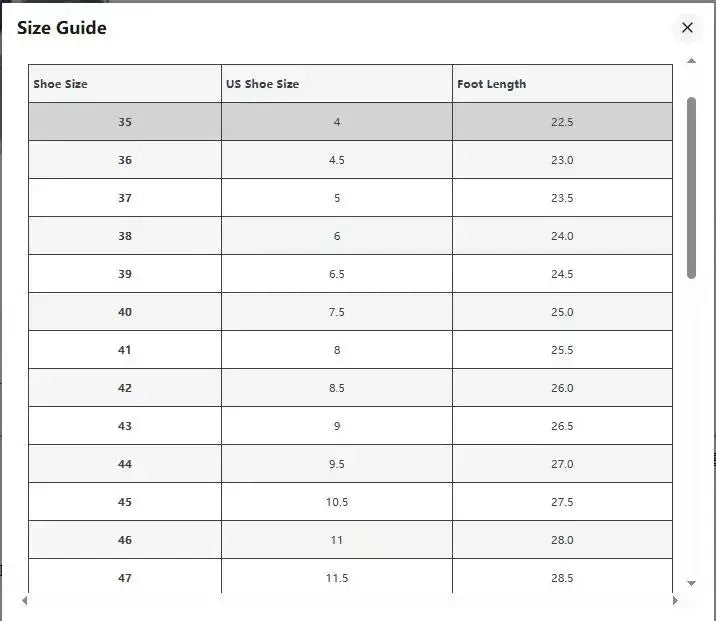 Breathable mesh men's sneakers size guide from Simples Market showing shoe size, US size and foot length

