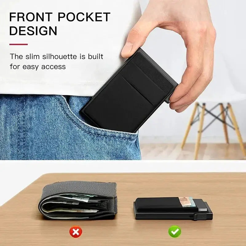 Simples Market RFID card holder for men, black metal minimalist wallet; 2 wallets shown.