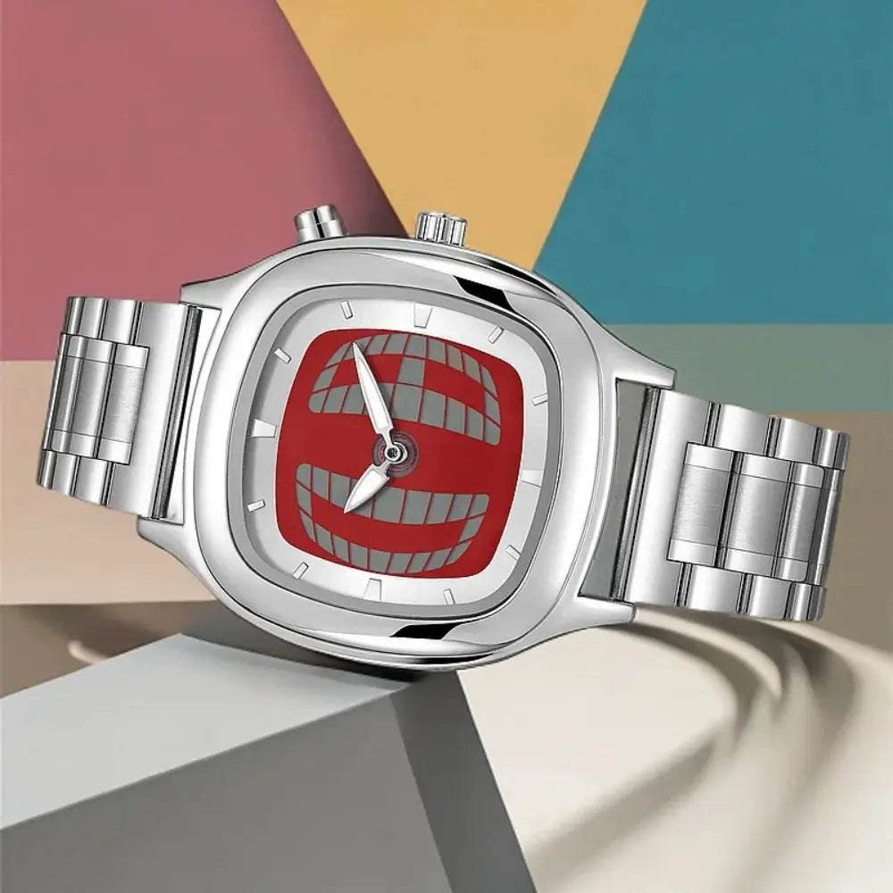 Men's stainless steel watch with red dial, square bezel, and metal link bracelet