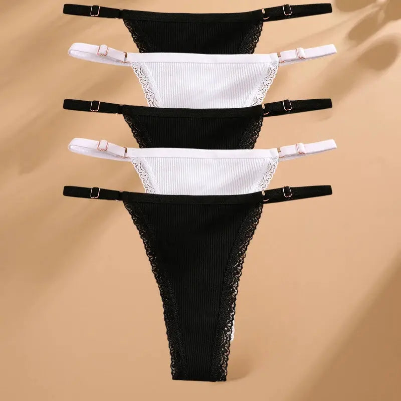 5-piece cotton thong underwear set in black and white with lace trim and adjustable waistbands